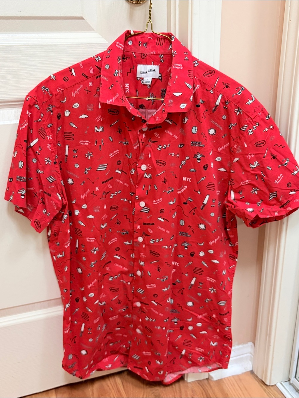 3 for $50 ☀️ Frank & Oak Red Short-Sleeve Button-Down Shirt with All-Over Motifs